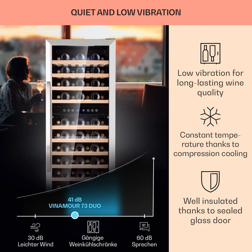 Klarstein Vinamour 73 Duo, vinotéka, 192 l, 73 fliaš, 5-18°C, 2 zóny, dotykové ovládanie