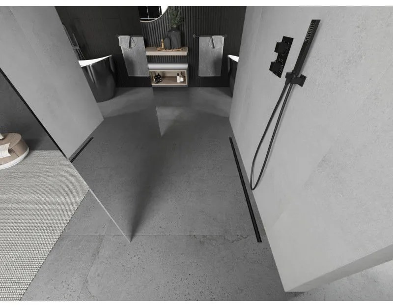 Mexen Kioto, priechodná sprchová zástena 120 x 200 cm, 8mm sklo vzor zrkadlo, 2x čierna stabilizačná rozpera, 800-120-002-70-50