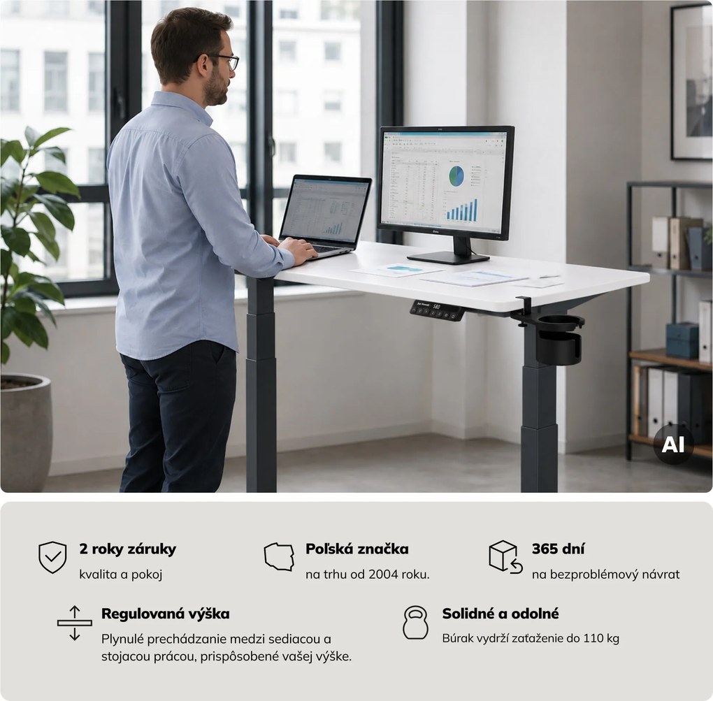 Elektrický stôl s nastavením výšky ergonomický antracitovo-bieli, 1200x600 mm: ARIA