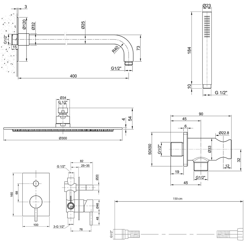 Sapho Sapho, MINIMAL podomietkový sprchový set s pákovou batériou, 2 výstupy, nerez, MI042-01