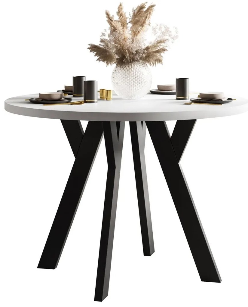 OKRÚHLY ROZKLADACÍ JEDÁLENSKÝ STÔL EWALD BIELY MATNÝ + ČIERNE NOHY 100/140 cm