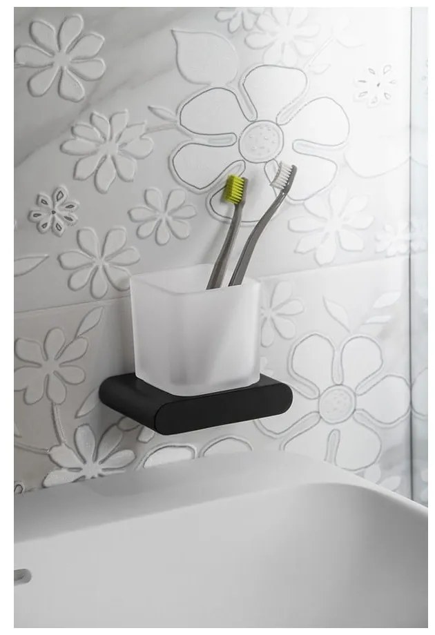 Matne čierny nástenný sklenený téglik na zubné kefky Flori – Sapho