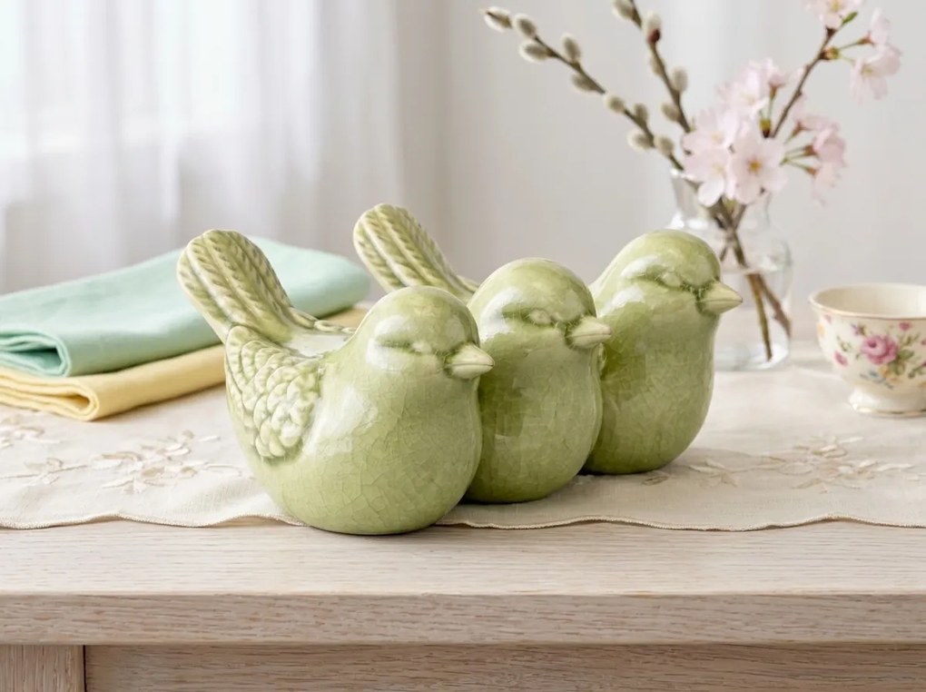 Jarná dekorácia CRAQUELE VTÁČIKY 19,5 cm - viac farieb Farba: Krémová