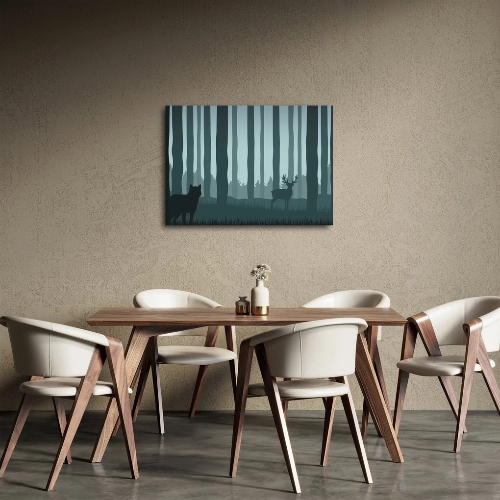 Obraz - Jeleň s vlkom v skalách (70x50 cm)