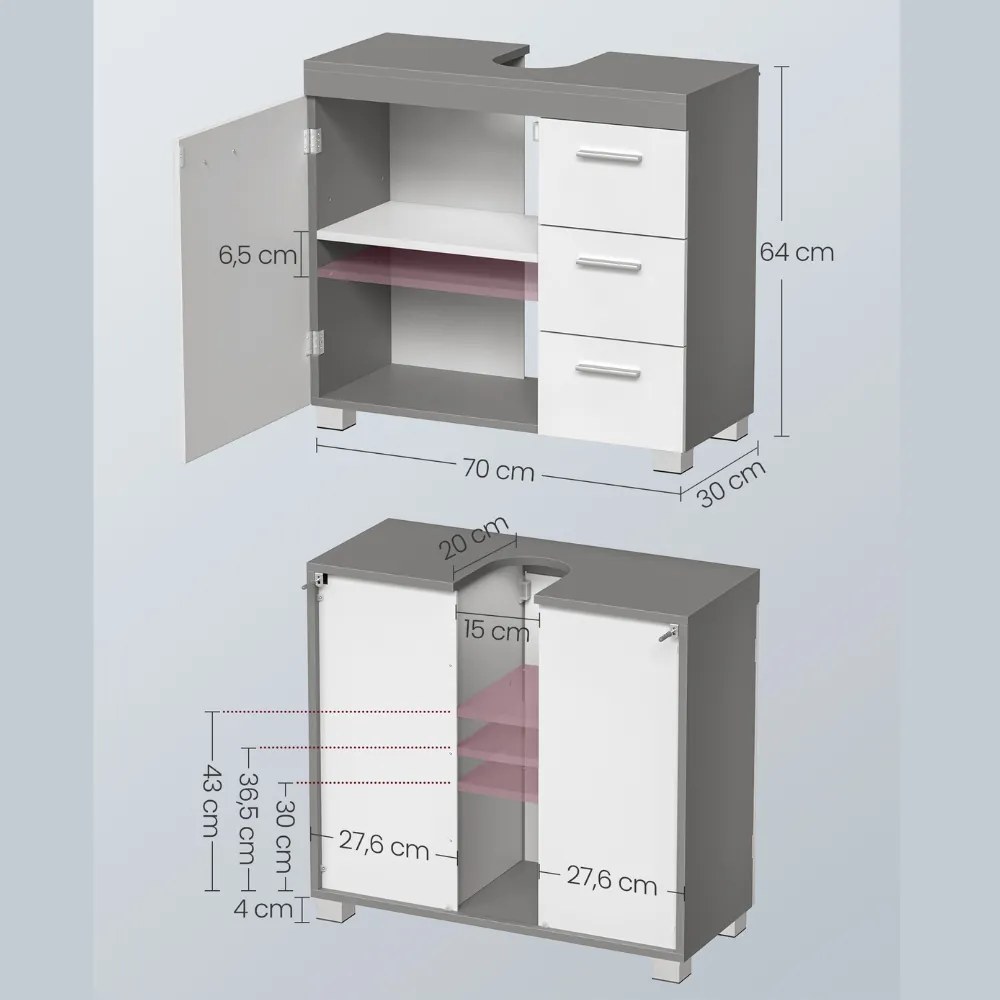 Skrinka pod umývadlo IVY, 30x70x64cm, biela/šedá Vasagle