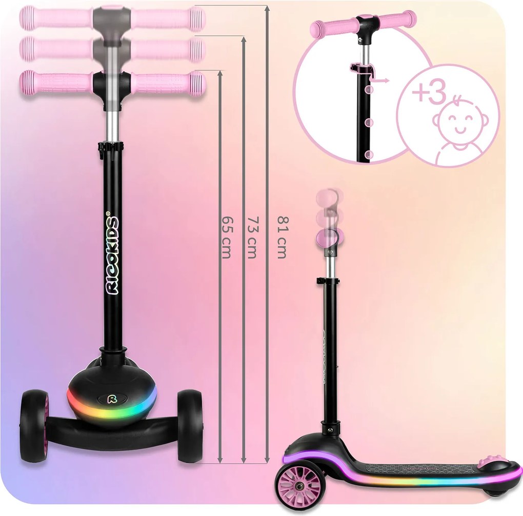 Ricokids Leddi LED balančná Kolobežka pre deti - čierno-ružová