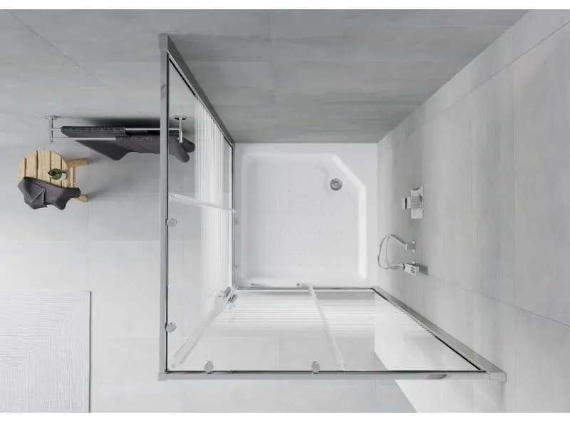 Mexen Rio, štvorcový sprchovací kút s posuvnými dverami 90 x 90 cm, 6mm číre sklo/pásy, chrómový profil + biela vysoká sprchová vanička Rio, 860-090-090-01-20-4510