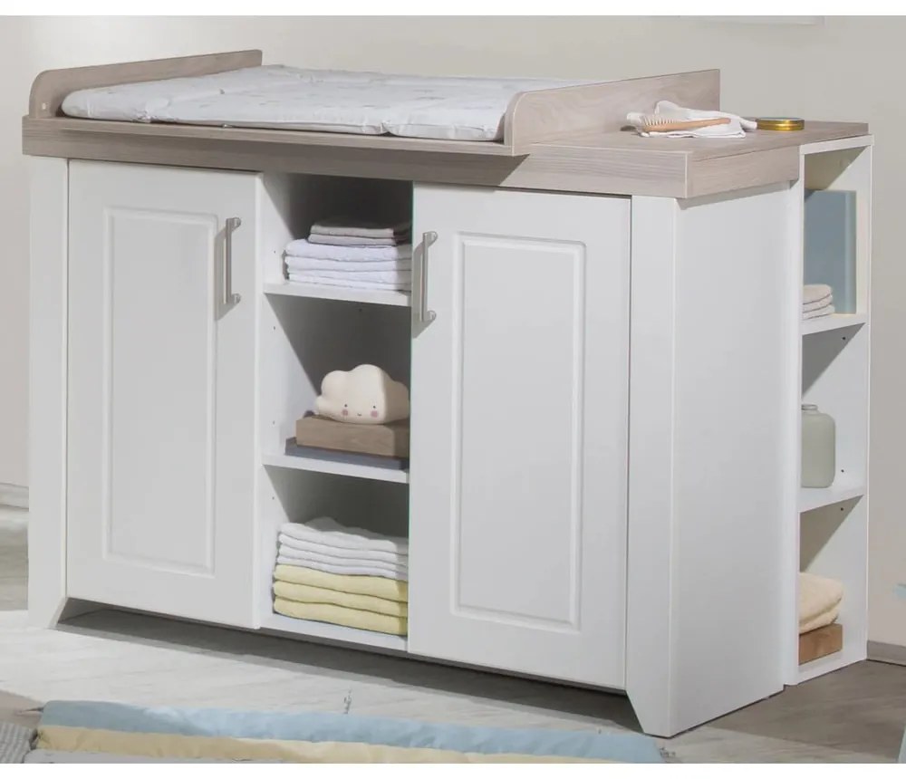 Biela nízka detská komoda v dekore brestu s prebaľovacím pultom 120x98 cm Felicia – Roba