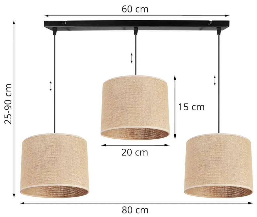 Závesné svietidlo Juta, 3x jutové tienidlo, (výber z 2 farieb konštrukcie)