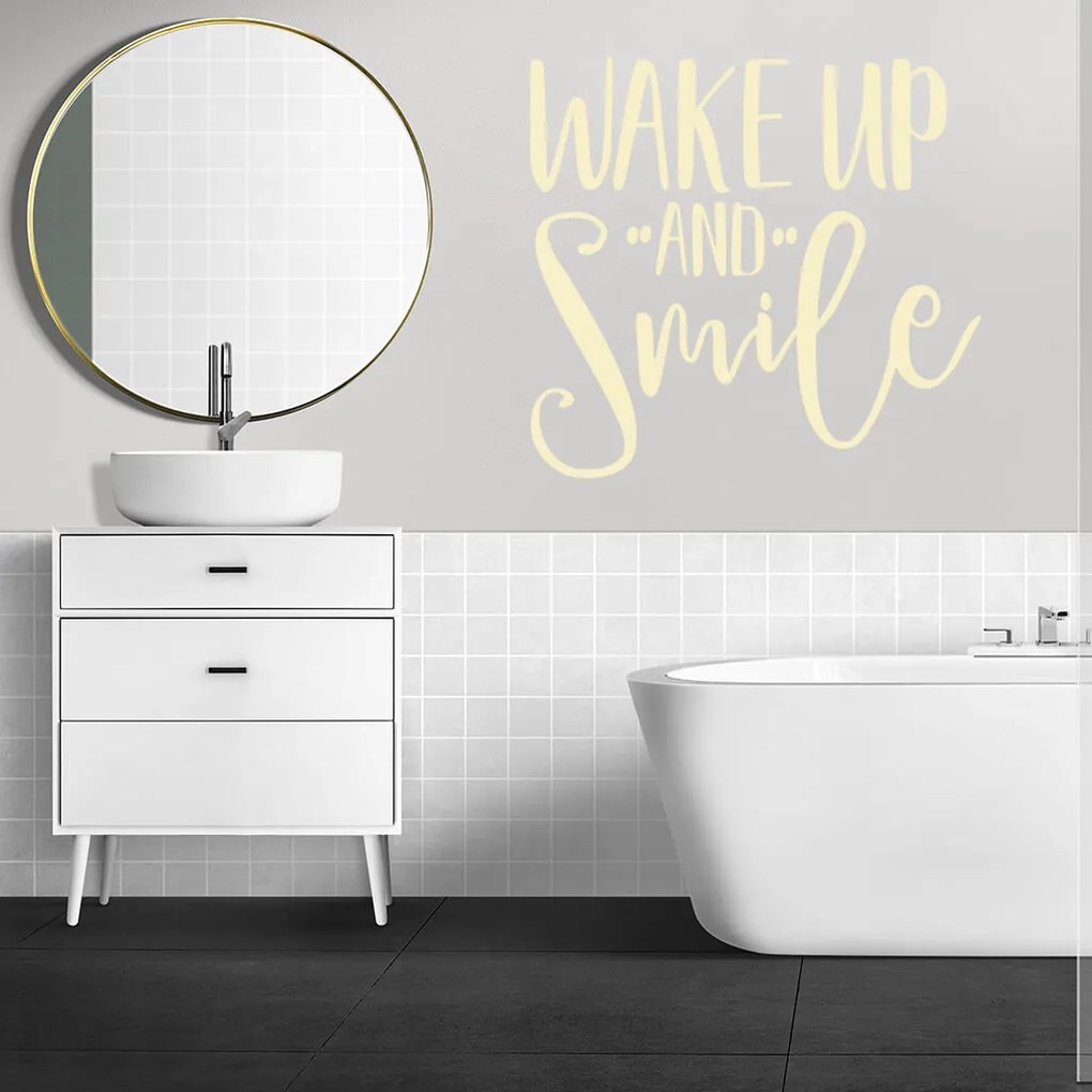 Veselá Stena Samolepka Nápis Wake up and Smile Farba: bílá, Veľkosť: 80 x 74 cm
