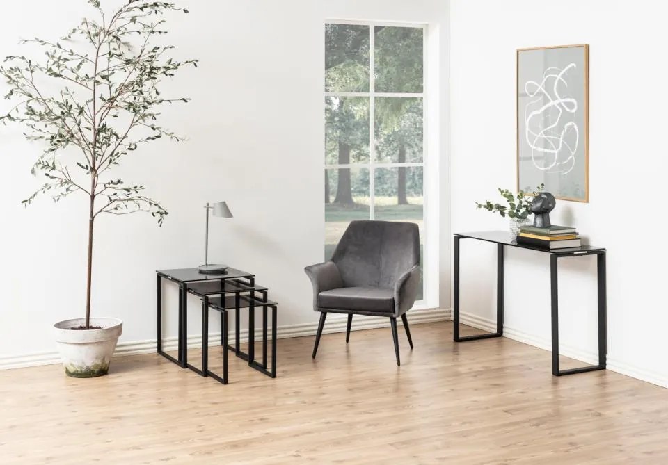 Actona Set príručných stolíkov Katrine (3 ks) - dymové sklo / čierna