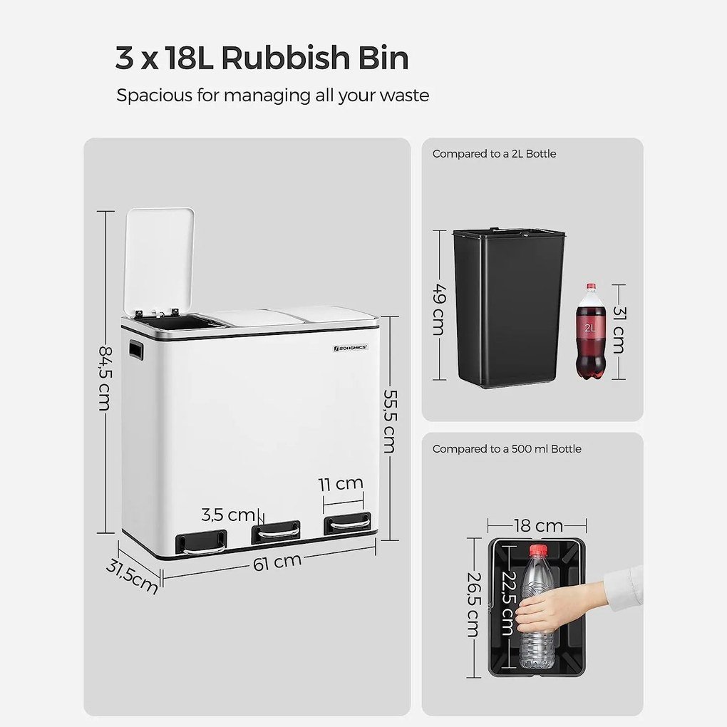 Kuchynský odpadkový kôš, 3 x 18 L, pedálový s 3 priehradkami, biely
