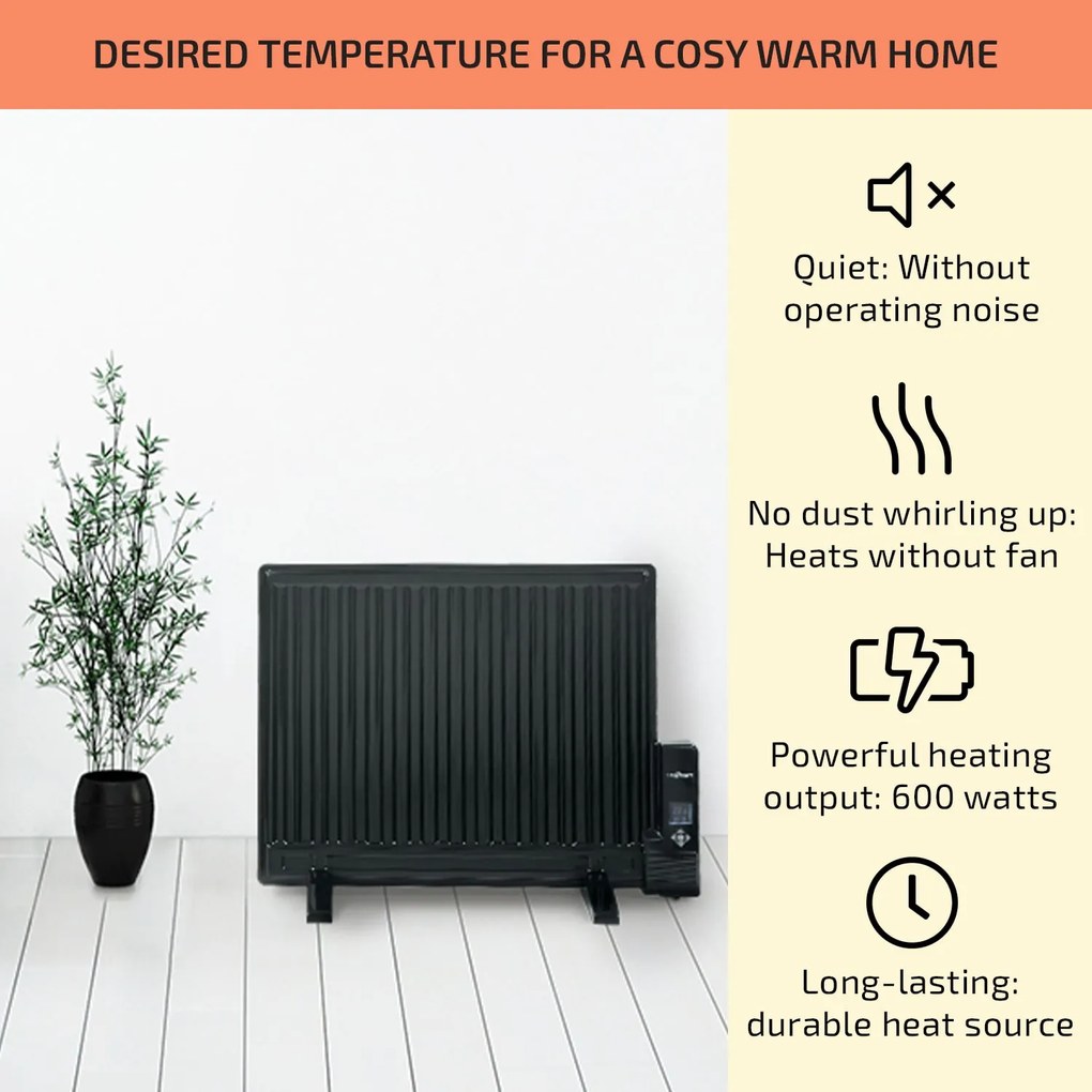 OneConcept Wallander, olejový radiátor, 600 W, termostat, olejové vyhrievanie, plochý dizajn, čierny