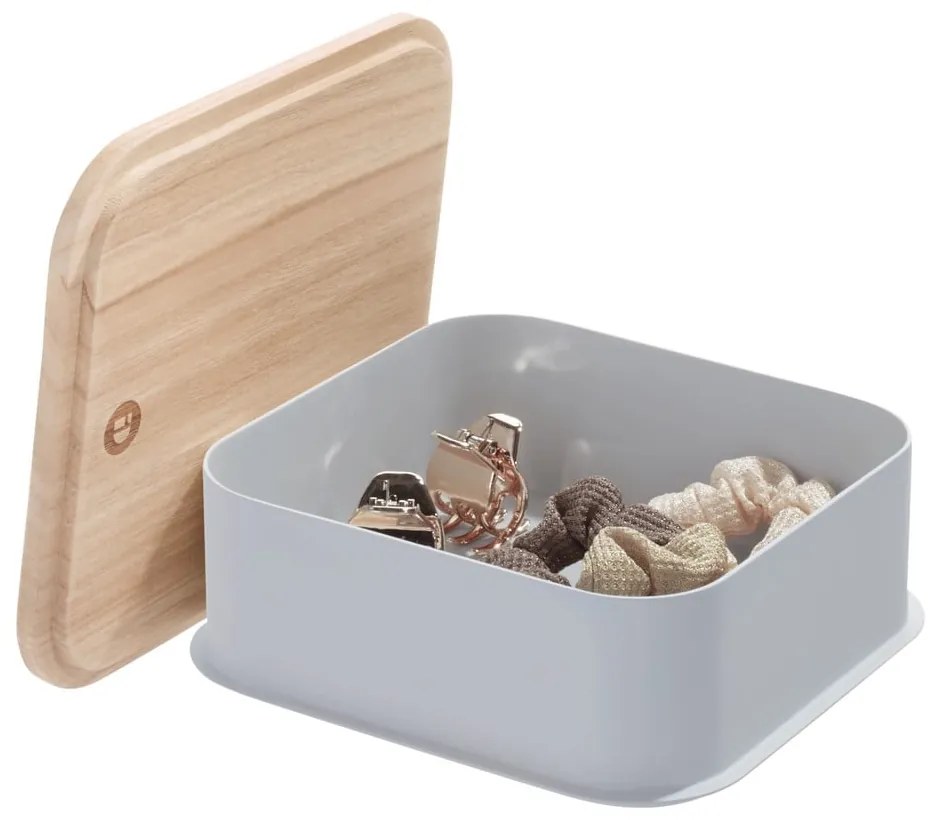 Sivý úložný box s vekom z dreva paulownia iDesign Eco, 21,3 x 21,3 cm