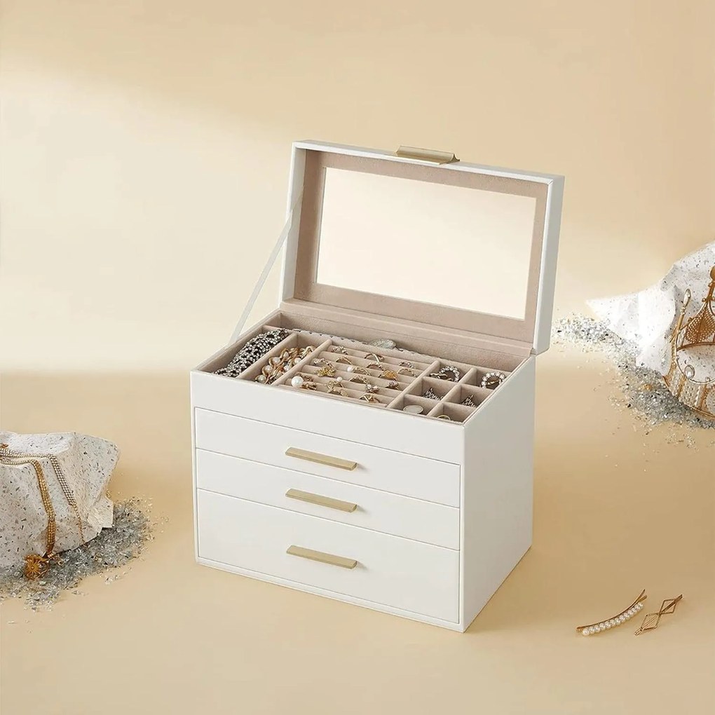 Šperkovnica 4-úrovňová, so skleneným vekom a 3 zásuvkami, biela a zlatá