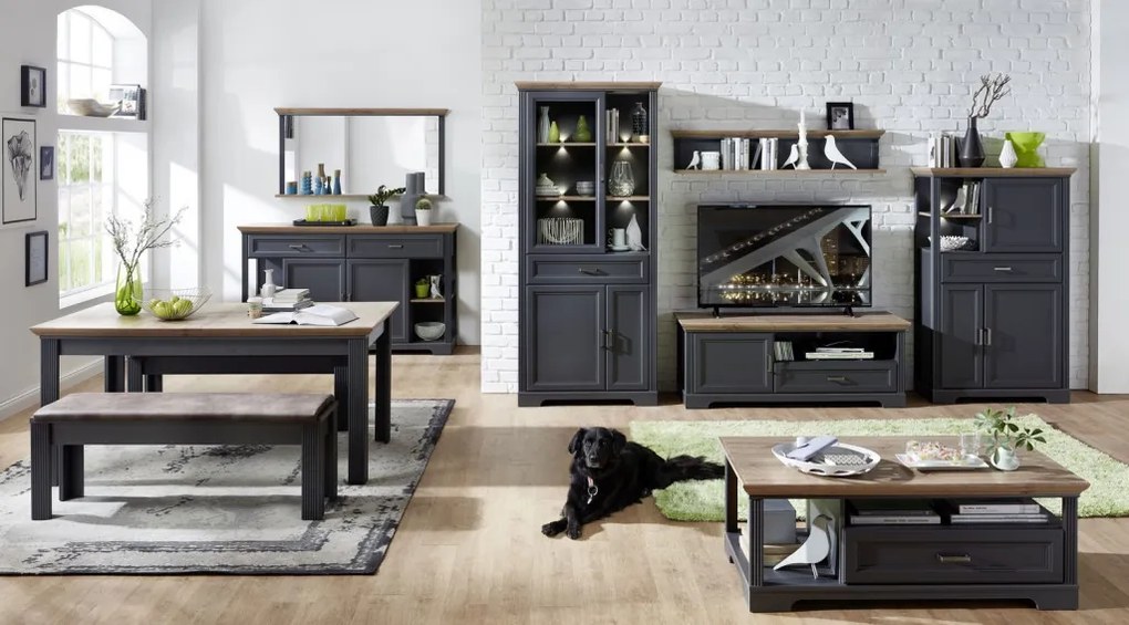 Široká vitrína Jasmin, grafit/dub, s osvetlením