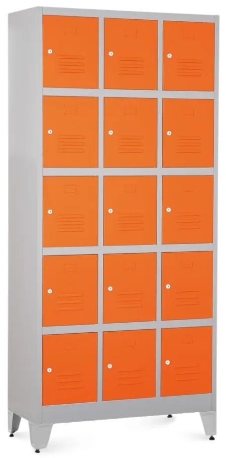 Kovová šatníková skrinka - 15 boxov, 90 x 40 x 196,5 cm, nastaviteľné nôžky, cylindrický zámok, oranžová - ral 2004