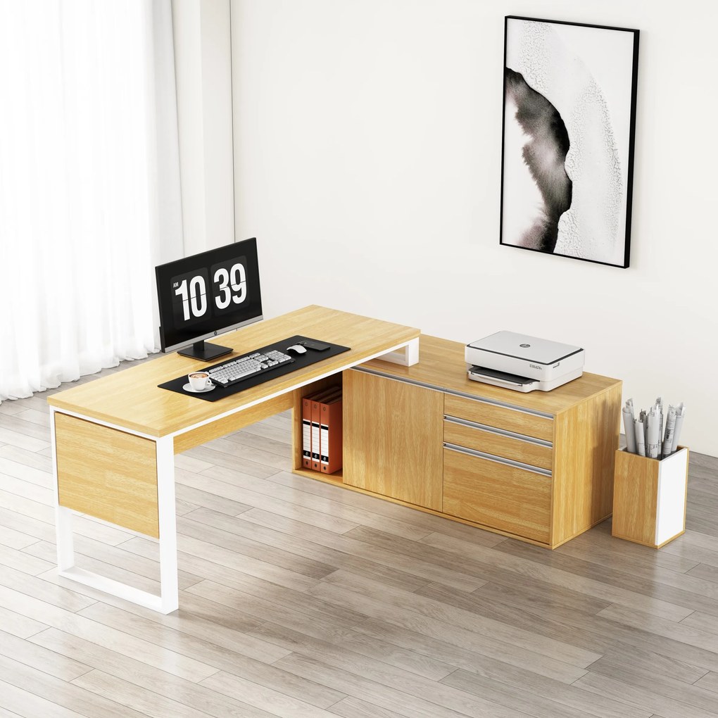 Rohový kancelářský stůl s komodou Houseland Nuvia Home 04 194 cm dub/bílý