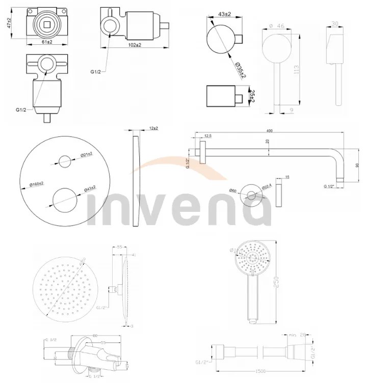 Invena Dafni, podomietková sprchová sada s ručnou a hlavovou sprchou 25cm, čierna matná, INV-BS-88-014-A