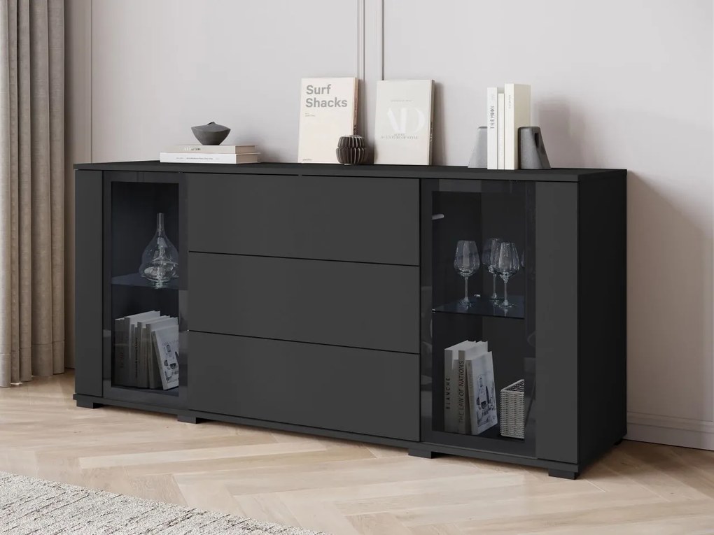 Široká komoda Hedvis SB 150 2D3S, Farby: biela / biely lesk, Osvetlenie: osvetlenie LED biele