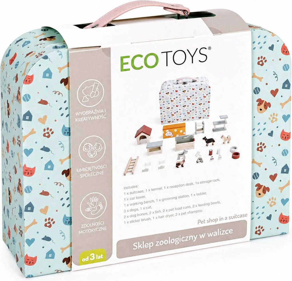 Zverinec v kufríku – poschodové drevené nábytkové súpravy, sada 23 doplnkov ECOTOYS