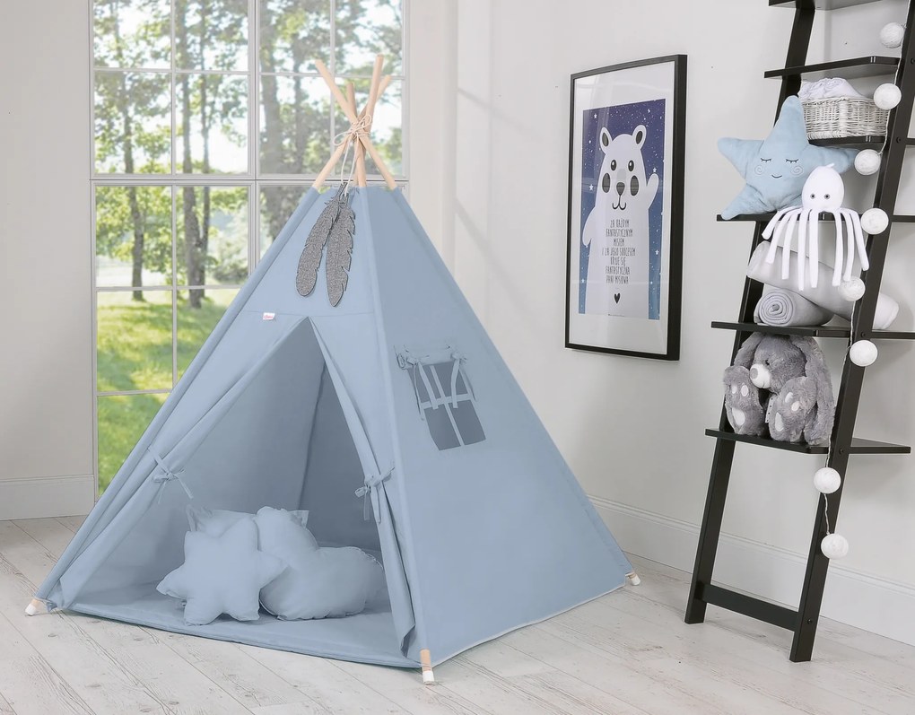 Bobono Stan Teepee pre deti + ozdobné perie - pastelová modrá