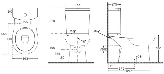 Sapho - WC kombi s bidetovou sprškou, zadné odpadové pripojenie, keramika/biela