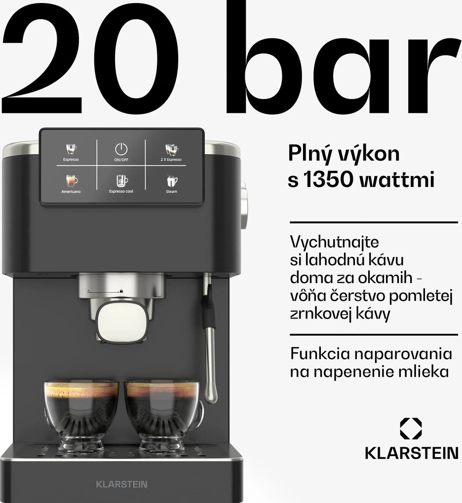 Klarstein SteelPresso Touch kávovar s portafiltrom, Dotykový displej, 20 bar, Nehrdzavejúca oceľ