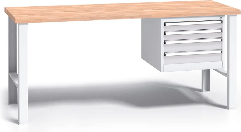 Pracovný stôl do dielne G3 so závesným boxom na náradie, buková škárovka, 4 zásuvky, pevné kovové nohy, 1700 mm, sivá