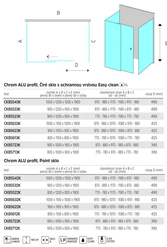 Mereo Mereo, Sprchový kút, Lima, obdĺžnik, pev.díl x zasúvacie dvere x pev.díl, chróm ALU, sklo Point, MER-CK85522K