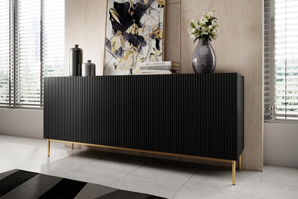 Komoda Nicole 200 cm - čierny mat / zlatá