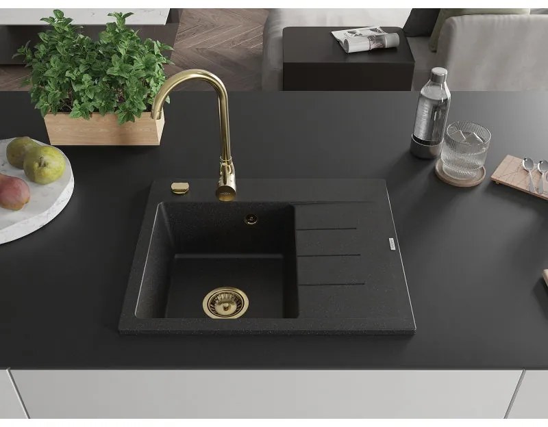Mexen Ben, 1-komorový granitový drez 600x500x190 mm, ľavý + zlatý sifón, čierna-strieborná metalíza, 6522605000-73-G