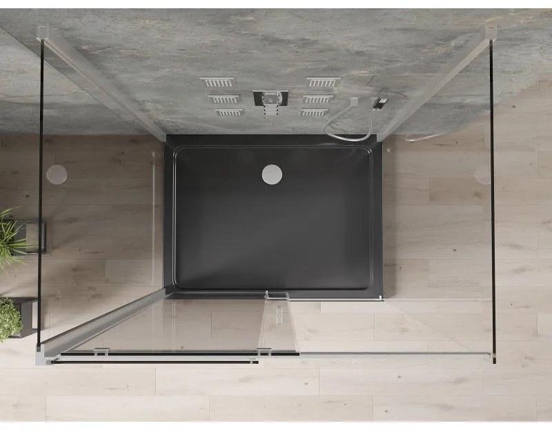 Mexen Omega, 3-stenový sprchovací kút s posuvnými dverami 140 (dvere) x 100 (stena) x 190 cm, 8mm číre sklo, chrómový profil + čierna sprchová vanička SLIM, 825-140-100-01-00-3S-4070