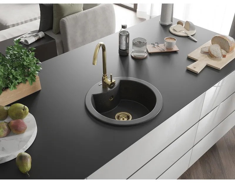 Mexen Diego, 1-komorový granitový drez 488x488x167 mm, zlatý sifón, zlatá lesklá batéria Telma, čierna škvrnitá, 6512-76-670200-50