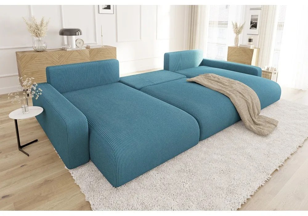 Tyrkysová menčestrová rozkladacia/s úložným priestorom rohová pohovka Sara – Ropez