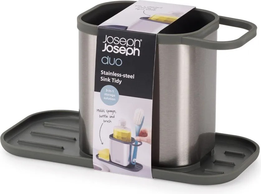 Kovový stojan na umývacie prostriedky v lesklej striebornej farbe Duo Steel – Joseph Joseph