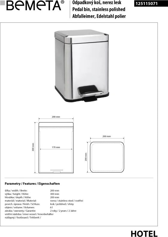 Bemeta Design Odpadkový kôš, 6 l, nerez, lesk - 125115071