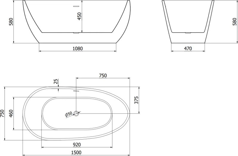 Mexen Eos, voľne stojaca vaňa 150 x 75 cm, biela-čierna, ružové zlato prepad, 52471507575-60