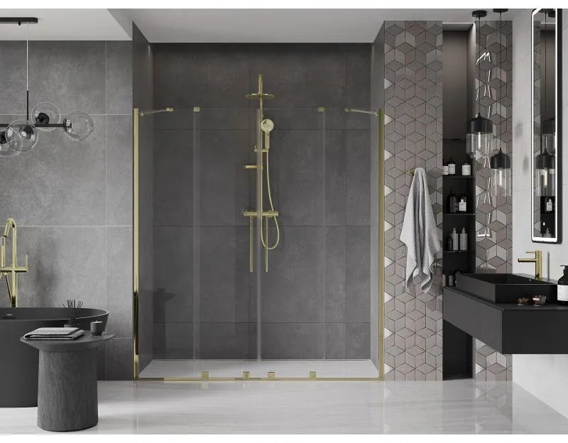 Mexen Velar Duo, posuvné dvere do otvoru 180x200 cm, 8mm číre sklo, zlatá lesklá, 871-180-000-02-50