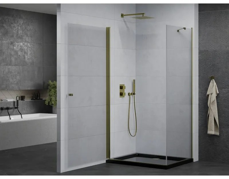 Mexen Pretoria, sprchovací kút 70 (dvere) x 100 (stena) cm, 6mm číre sklo, zlatý profil + čierna sprchová vanička, 852-070-100-50-00-4070G