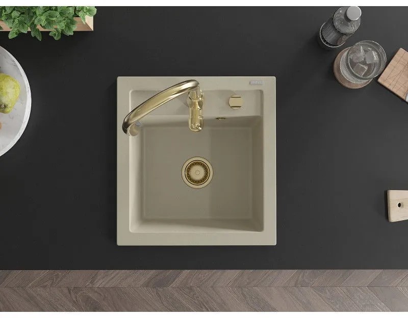 Mexen Vito, 1-komorový granitový drez 520x490x210 mm a drezová batéria Savita, béžová, 6503-69-672601-50