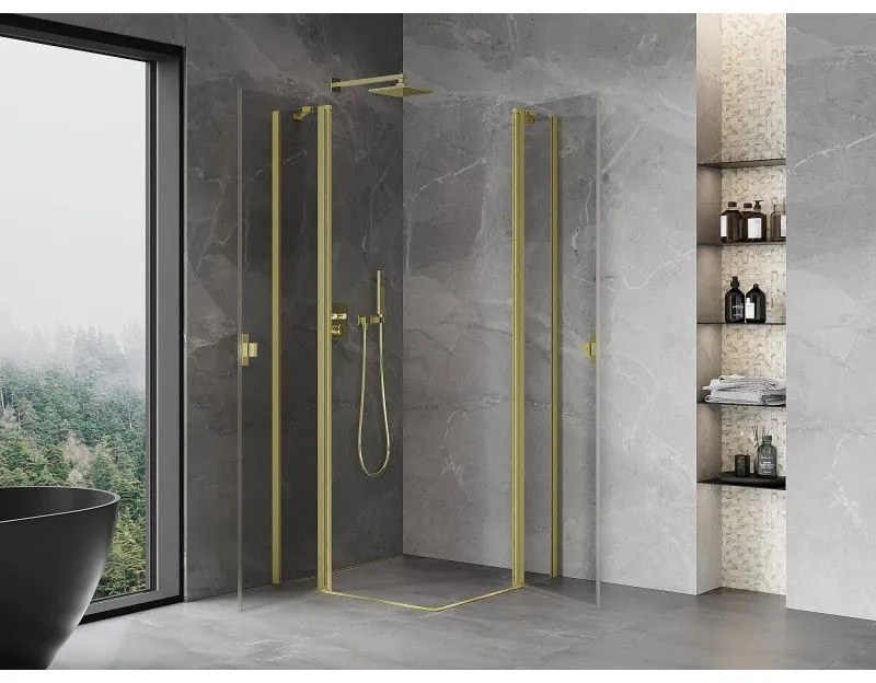 Mexen, Mexen Mist Duo sklápací sprchový kút 90 x 90 cm, transparentný, brúsené zlato - 8A4-090-090-55-00