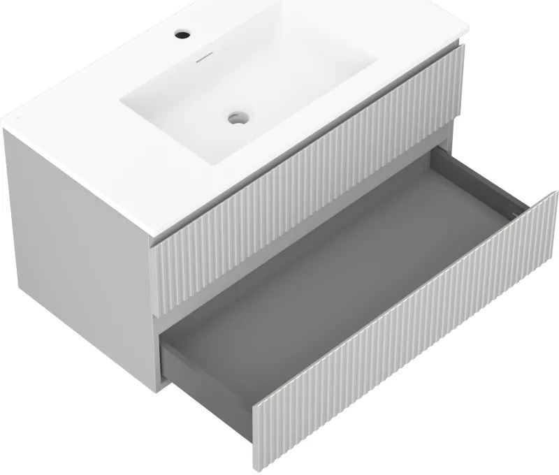 Mexen Rivel, kúpeľňová skrinka 90 cm s umývadlom Otis, 2 zásuvky, drážkovaná, sivá matná/biela, 91A20-09047-2-BFF62-W18M01