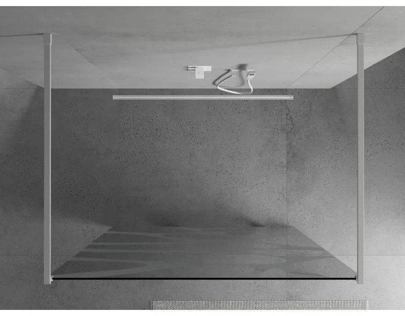 Mexen Kioto, priechodná sprchová zástena 120 x 200 cm, 8mm sklo číre/biely vzor, 2x biela stabilizačná rozpera, 800-120-002-20-97