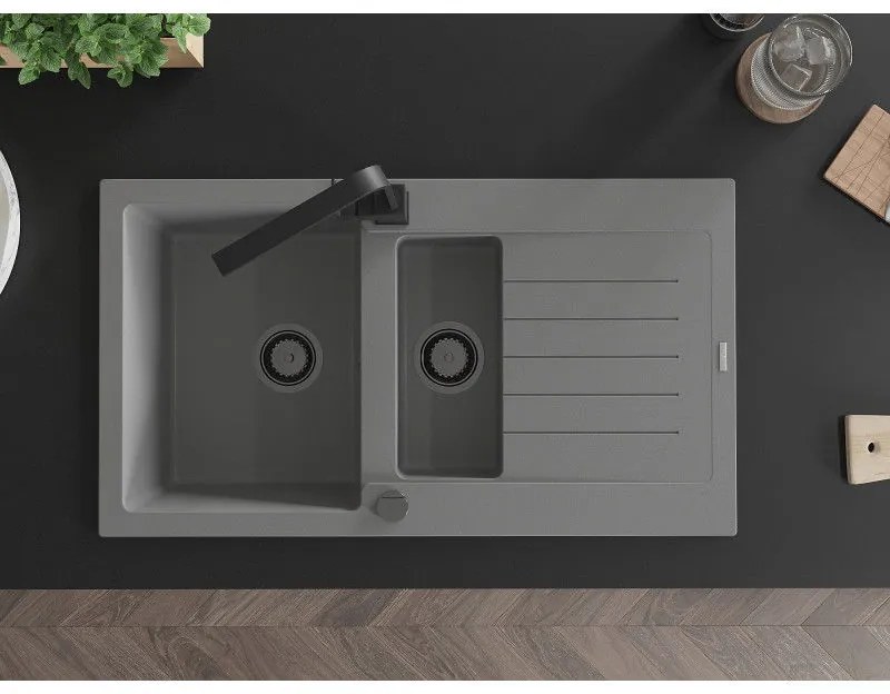 Mexen Matias, granitový drez 900x505x200 mm, 1,5-komorový a čierna batéria Rita, šedá, 6502-71-670300-70-B