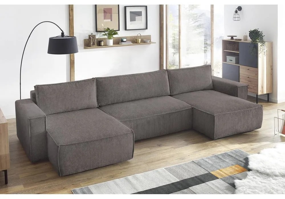 Tmavosivá menčestrová rozkladacia rohová pohovka do "U" Nihad – Bobochic Paris