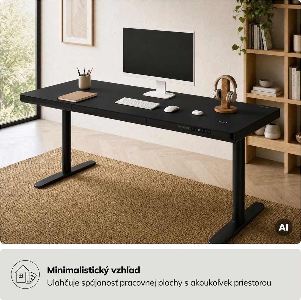 Elektrický písací stôl sit-stand so zásuvkou a bezdrôtovou nabíjačkou Qi čierny, 1600 mm: ELLIS