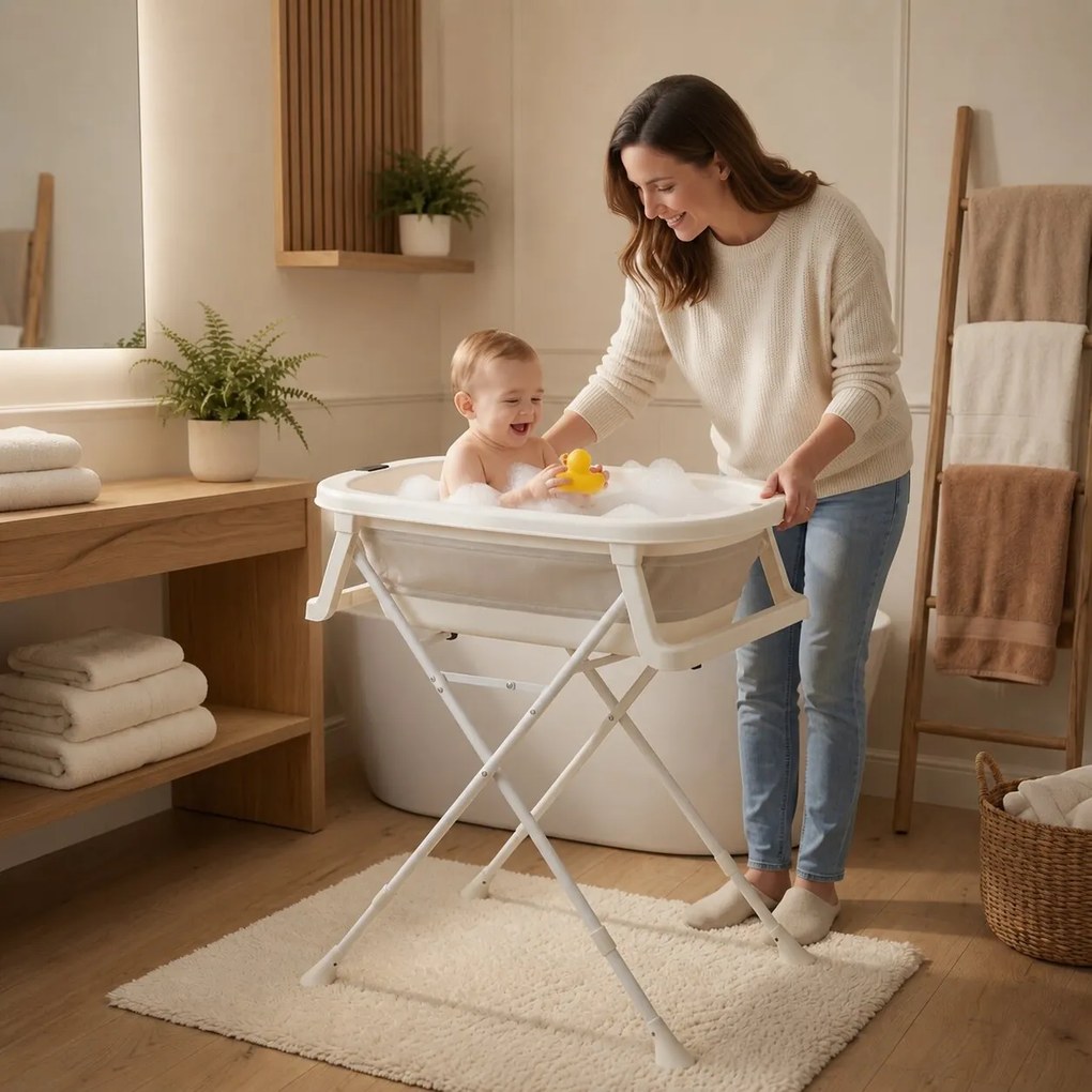 ECOTOYS Skladacia detská vaňa na stojane s odtokom, LCD teplomer, protišmyková