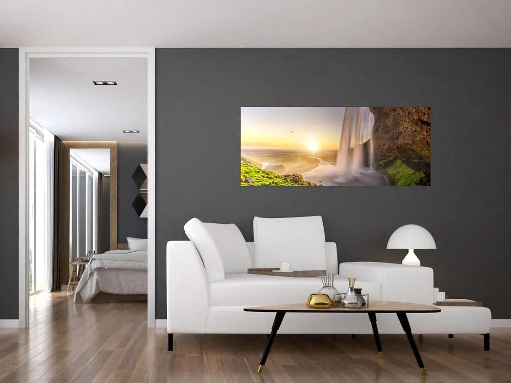 Obraz - Seljalandsfoss spoza vnútra jaskyne (120x50 cm)