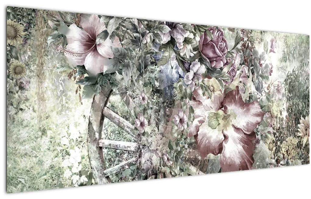 Obraz kvetov na drevenom bicykli (120x50 cm)